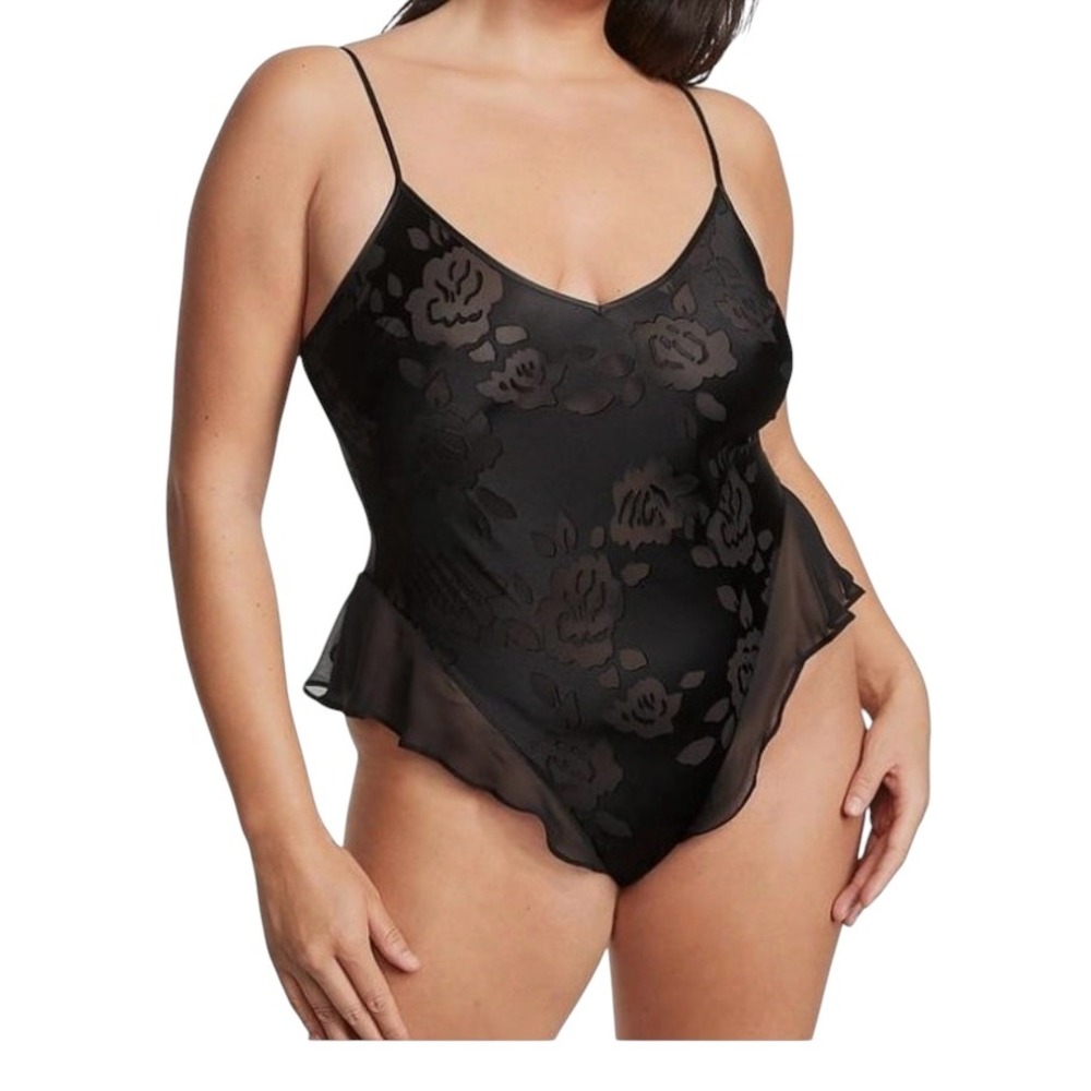 Victoria's Secret Archives Black Floral Burnout Velvet Ruffle Bodysuit Large
